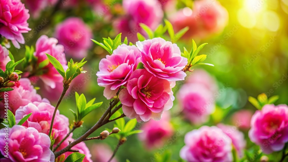 Fototapeta premium Vibrant Pink Flowers Blooming Close-Up: Spring Blossom Bush in Nature