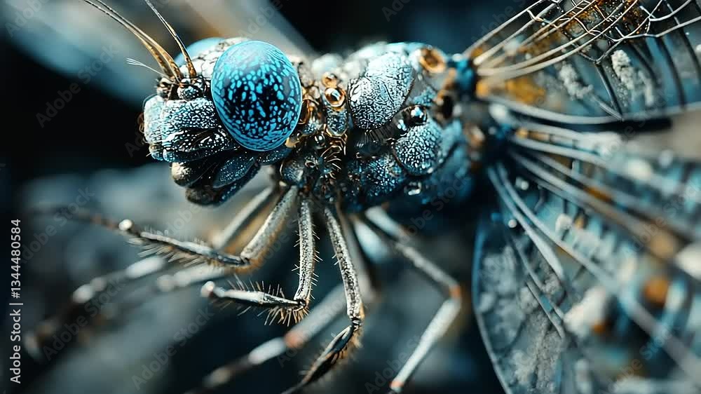 Close-up of a vibrant dragonfly perched on a rock, showcasing intricate details and shimmering wings