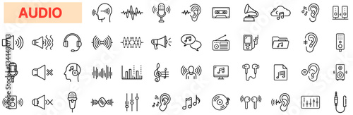 Audio Line Icons, Sound Waves, Music, Microphone, Speaker, Headphones, Equalizer, Recording, Radio, Voice, Hearing, Digital Audio, Podcast, Sound System