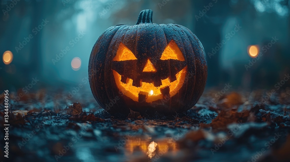 Glowing Jack-o'-lantern in a Misty Forest During Halloween Night Glowing Jack-o'-lantern in a Misty Forest During Halloween Night
