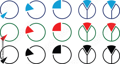 Pie Chart Vector Circle Diagram Info graphic colorful Flat Set. Pie graph, info graphic wheel segment or sections parts. 1,2,3,4,5,6 equal parts.