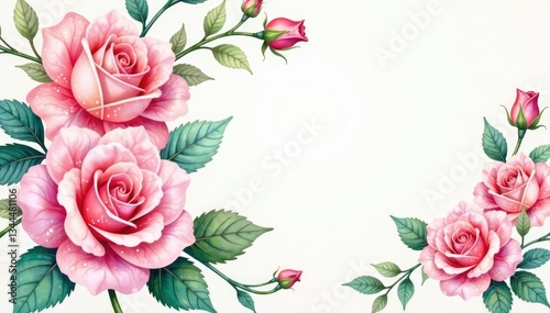 Delicate watercolor roses, intertwined leaves, soft pastel hues, petals, illustration