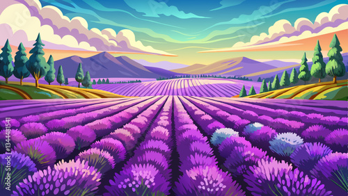 Lush lavender field in full bloom under a bright cloudless summer sky The vivid purple flowers stretch out as far as the eye can see creating a serene and picturesque rural landscape