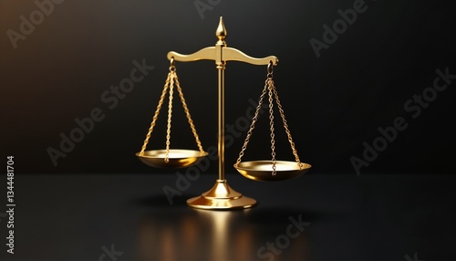 Golden weighing scale on reflective black surface - symbol of justice and economy concept