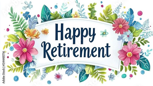 Colorful Floral Design for Happy Retirement Celebration with Elegant Typography and Vibrant Blossoms