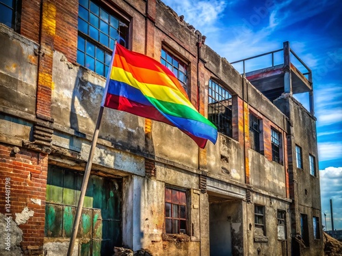 Vibrant Rainbow Flag Waves in Urban Decay: A Symbol of Hope and Pride