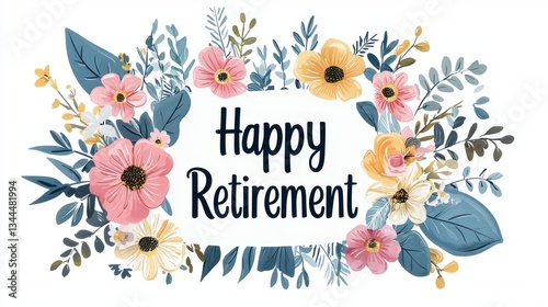 Vibrant Floral Design Featuring Happy Retirement Message in Elegant Script with Beautiful Nature Elements
