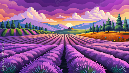 Lush lavender field in full bloom under a bright cloudless summer sky The vivid purple flowers stretch out as far as the eye can see creating a serene and picturesque rural landscape