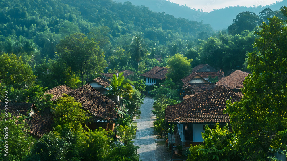 Tranquil Village Scene Surrounded by Lush Greenery Tranquil Village Scene Surrounded by Lush Greenery