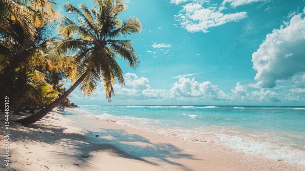 Fototapeta premium Vibrant summer travel background with tropical scenery, palm trees, and bright sunlight — perfect for vacation ads, adventure posters, and holiday design projects. 