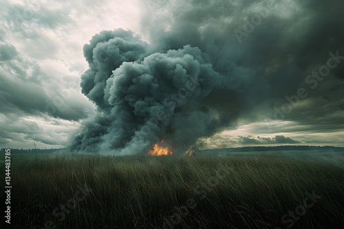 Clouds of smoke rising from a fire in a field, Firefighter's Day