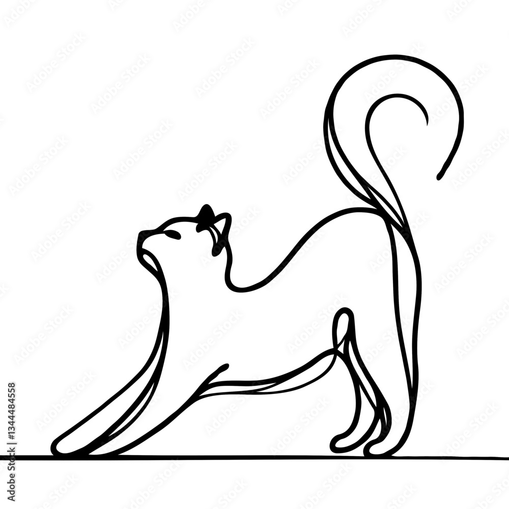 Naklejka premium Elegant cat stretching in minimalist line art style 