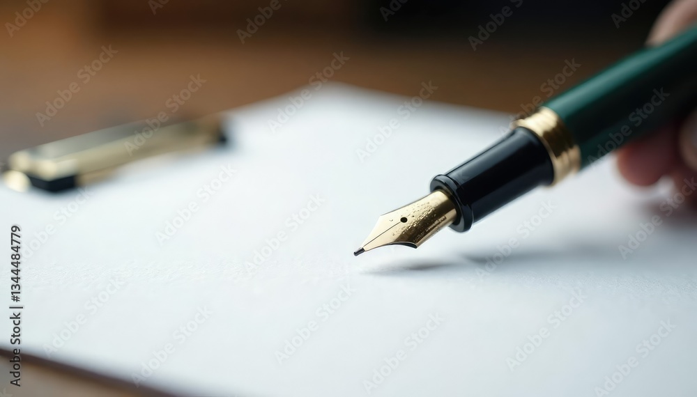Elegant fountain pen poised above blank white sheet , elegant, office supplies Elegant fountain pen poised above blank white sheet , elegant, office supplies