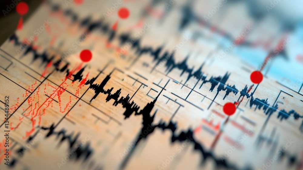 Seismograph recording earthquake activity with red waveform data Seismograph recording earthquake activity with red waveform data