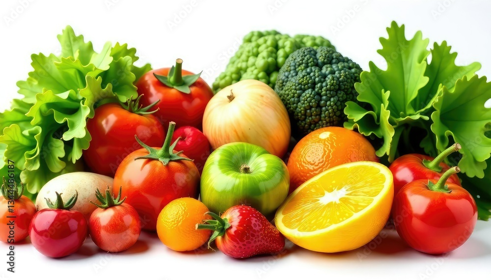 Assortment of organic fruits & vegetables isolated on white, still life, clean Assortment of organic fruits & vegetables isolated on white, still life, clean