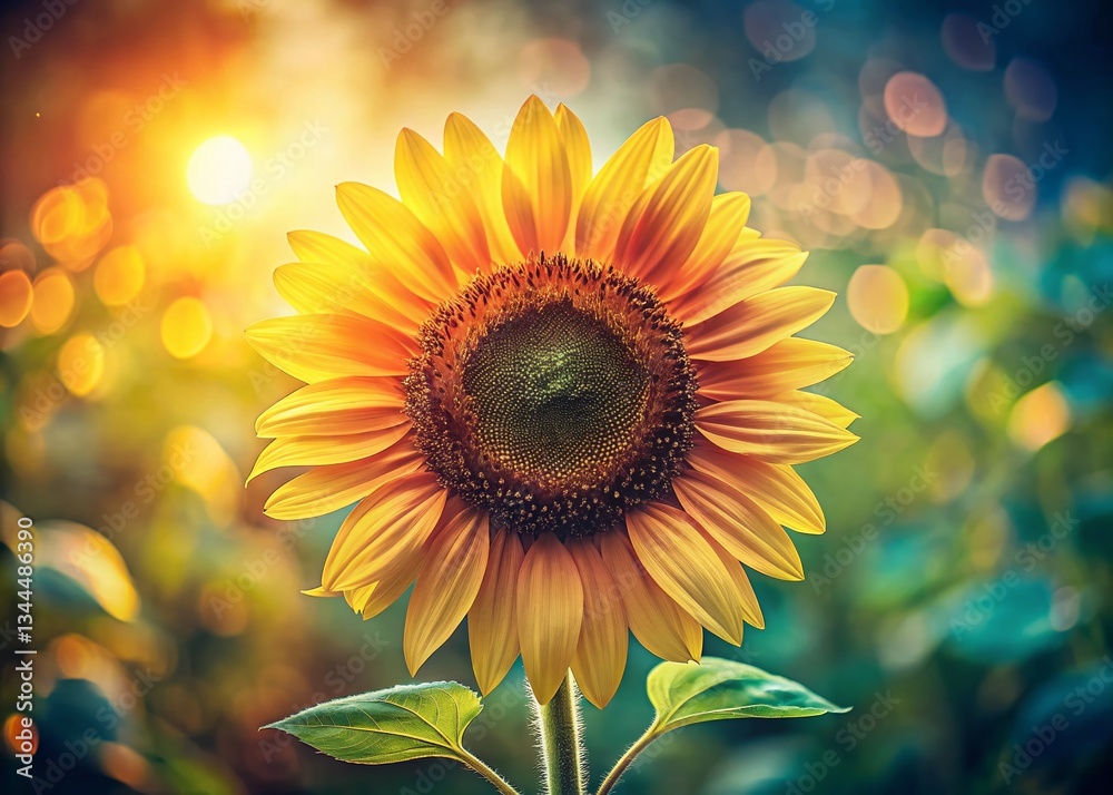 Fototapeta premium Vibrant Sunflower on Vintage Film Grain, Retro Summer Photography