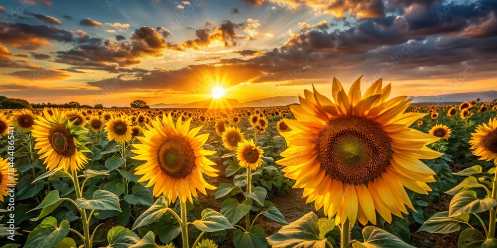 Fototapeta premium Vibrant Sunflowers Field at Sunset - Golden Hour Photography