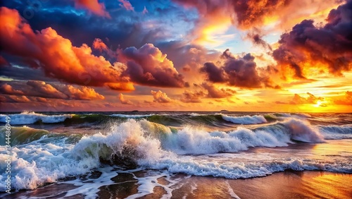 Vibrant Sunset Ocean Waves: Dramatic Pink & Orange Sky Reflection
