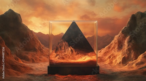simple gradient cartoon graphic design of ultra 3d geometric patterns evolving shape in real time, muted natural coliurs and textures, in an old frame glass box, a timeline depicting decade of 2020s .