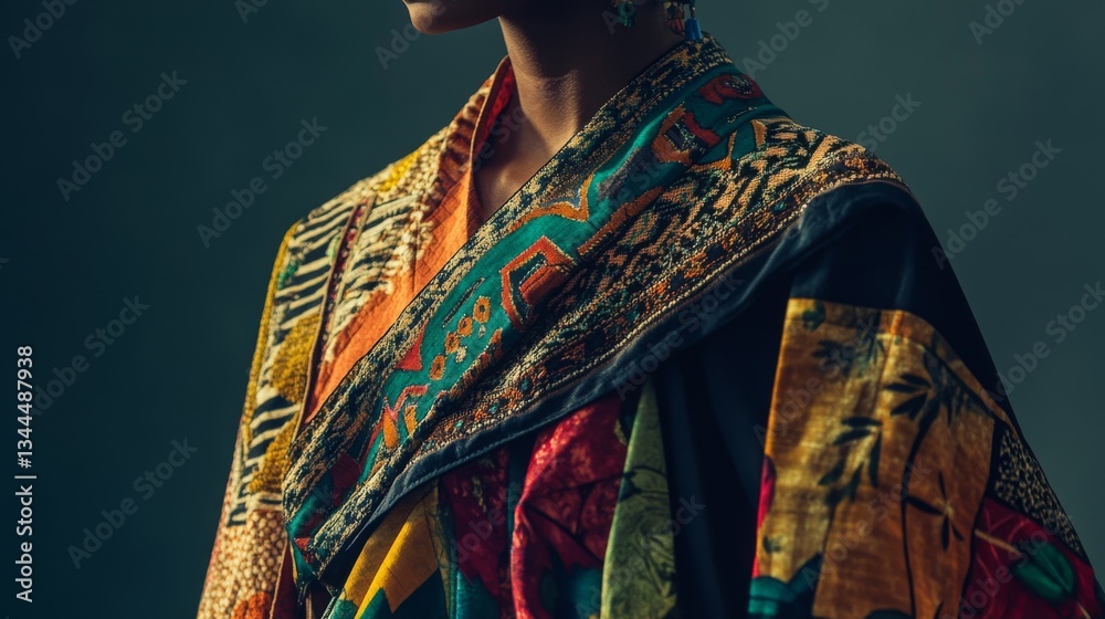 Obraz premium Culturally Inspired Fashion Portrait of Woman Showcasing Vibrant Textiles and Accessories