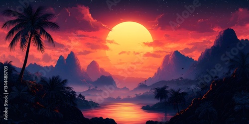 Tropical Sunset Serenity: An evocative, artistic scene unfolds as the sun sets over a tropical landscape, with silhouetted palm trees and majestic mountains reflecting in the tranquil waters.