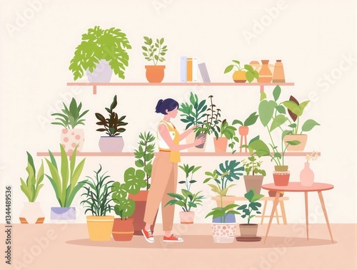 A woman is tending to a plant nursery with many different types of plants