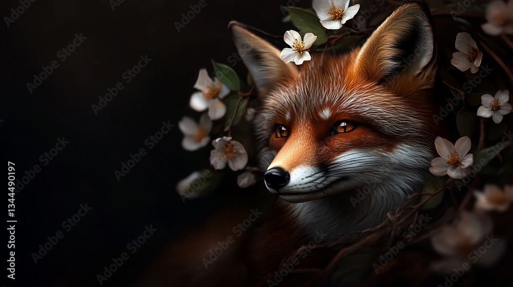 Obraz premium Portrait of a Majestic Fox Adorned with Delicate White Blossoms