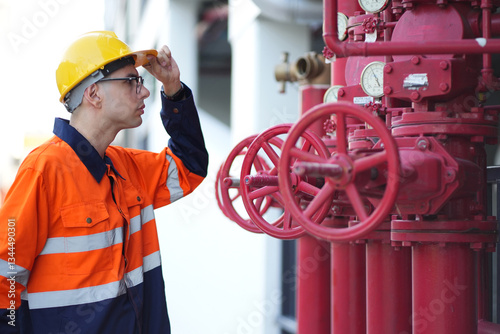 Male engineer inspects water pipelines in the engineering system area of the factory outside where various pipelines are designed modernly. Technicians work in the industry.
