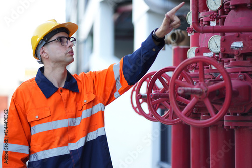 Male engineer inspects water pipelines in the engineering system area of the factory outside where various pipelines are designed modernly. Technicians work in the industry.