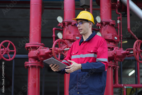Male engineer inspects water pipelines in the engineering system area of the factory outside where various pipelines are designed modernly. Technicians work in the industry.