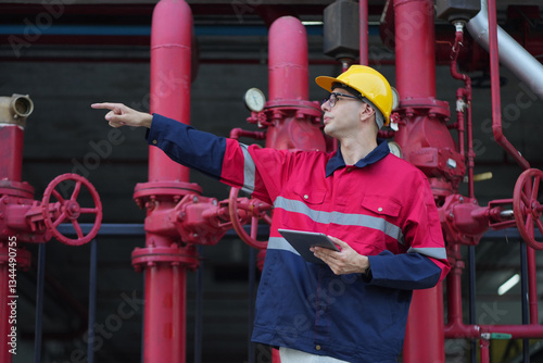 Male engineer inspects water pipelines in the engineering system area of the factory outside where various pipelines are designed modernly. Technicians work in the industry.