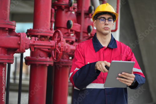 Male engineer inspects water pipelines in the engineering system area of the factory outside where various pipelines are designed modernly. Technicians work in the industry.