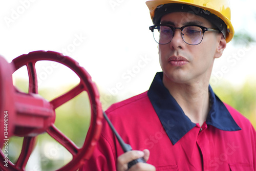 Male engineer inspects water pipelines in the engineering system area of the factory outside where various pipelines are designed modernly. Technicians work in the industry.