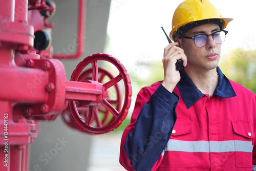 Male engineer inspects water pipelines in the engineering system area of the factory outside where various pipelines are designed modernly. Technicians work in the industry.