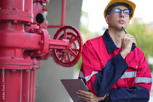 Male engineer inspects water pipelines in the engineering system area of the factory outside where various pipelines are designed modernly. Technicians work in the industry.