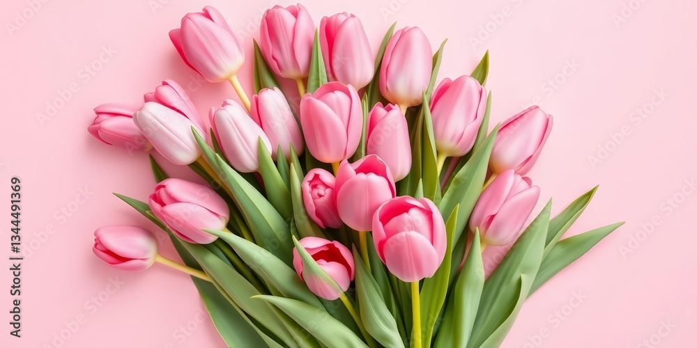 A delicate arrangement of pink tulips in a spring bouquet, presented in a flat lay on a pastel pink background, greeting card, pastel A delicate arrangement of pink tulips in a spring bouquet, presented in a flat lay on a pastel pink background, greeting card, pastel