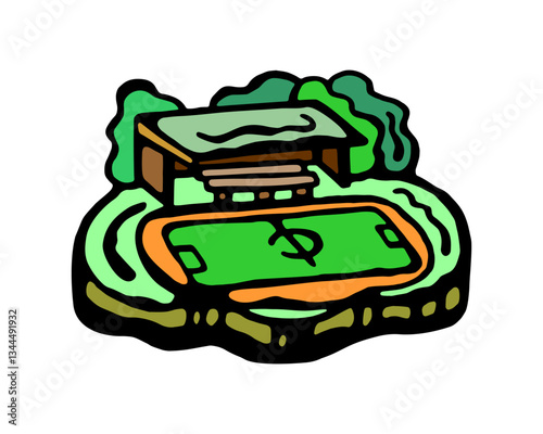 
Color vector image of a football field with an old covered grandstand and green plantings on a white isolated background