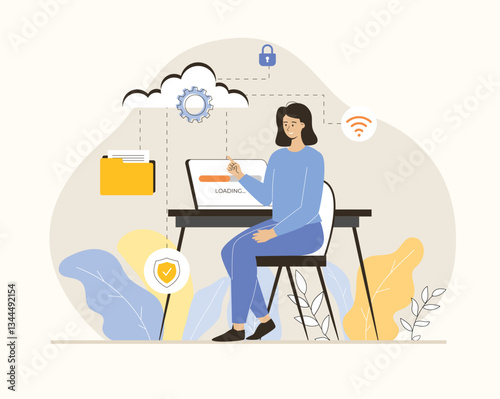 Cloud storage for digital files. Web hosting. Online database, technology, security, computer, web data center, server. Flat vector illustration.