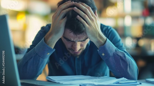 Frustrated professional facing challenges with head in hands at office desk
