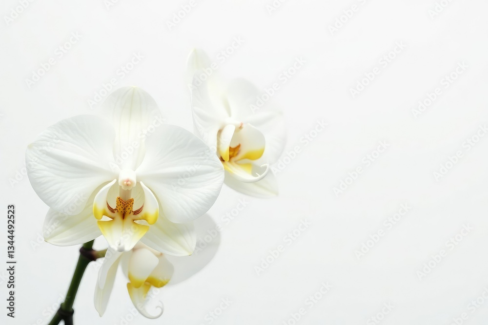 Fototapeta premium Delicate white orchid blossom on pure white background, still life, studio