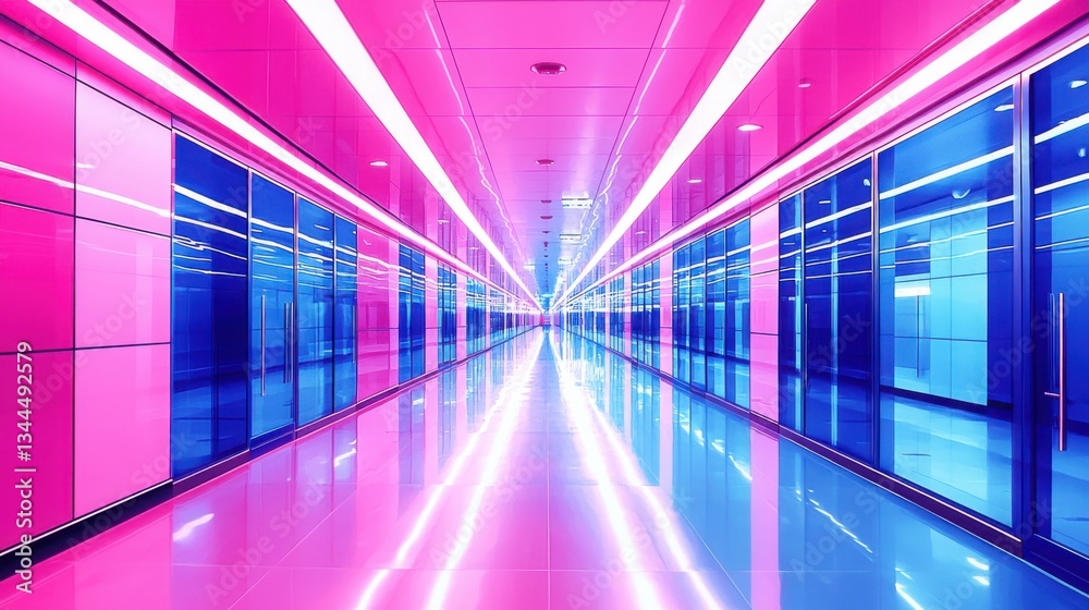 Long and inviting corridor decorated with soft pink and blue walls creating a bright and cheerful atmosphere Long and inviting corridor decorated with soft pink and blue walls creating a bright and cheerful atmosphere
