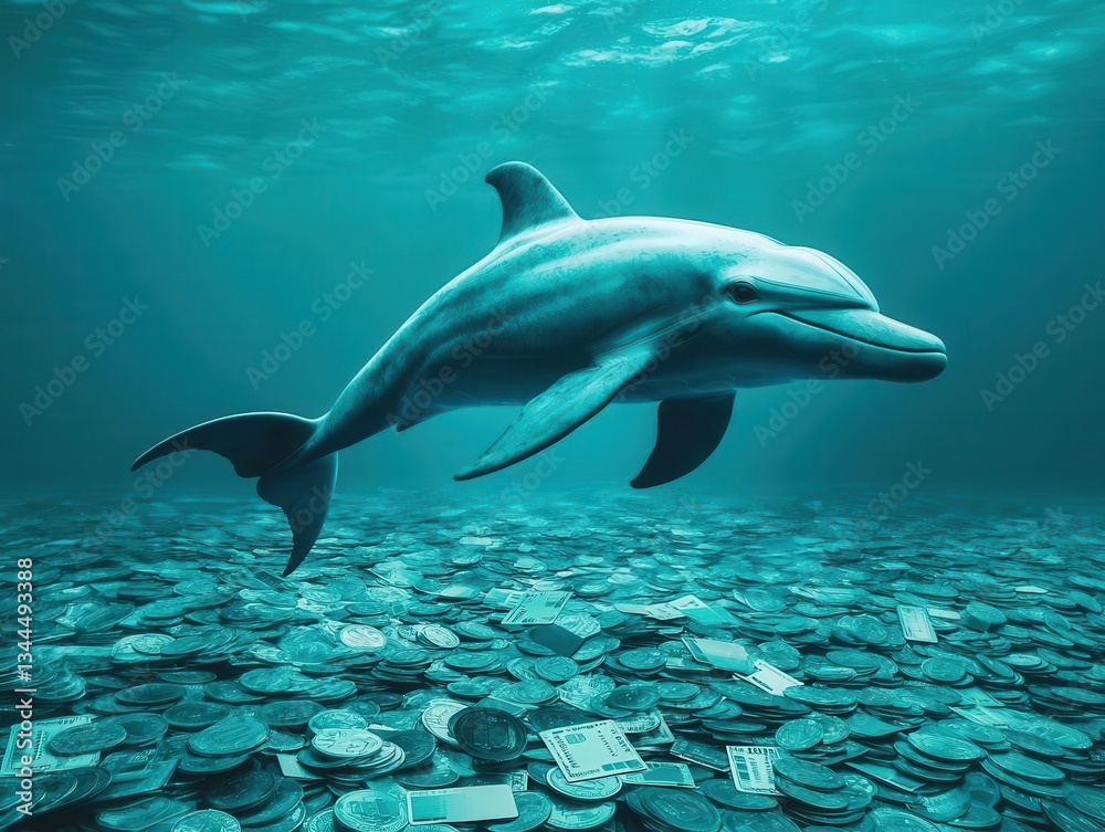 Obraz premium Dolphin swimming in a sea of coins and credit cards, fun underwater theme