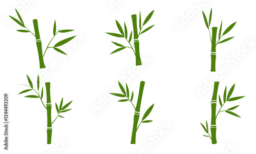 Collection of bamboo silhouettes on white background. Bamboo trunk, branches and leaves. Vector illustration.