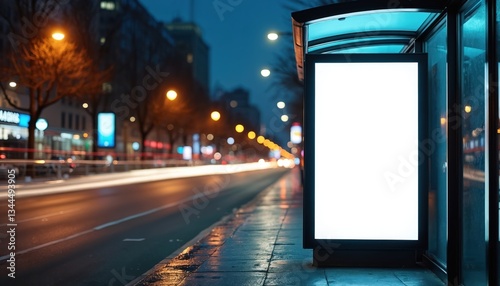Advertising billboard with blank canvas on bus shelter, citylight on public transport stop. Mockup ad banner, commercial template on street. Night urban advertisement concept.