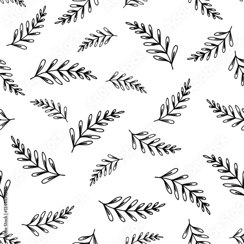Seamless pattern black sketch leaves. Vector floral background in trendy minimalistic linear style.
