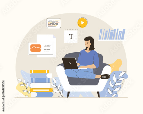 Copywriting concept. Woman writing texts, interesting content and promotion. Making valuable content and working as freelancer. Flat vector illustration.