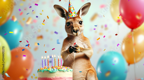 Kangaroo Birthday Celebration. Kangaroo wearing a party hat surrounded by balloons and cake.