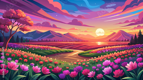Breathtaking sunset landscape with a vibrant field of lush pink flowers in full bloom against a backdrop of a beautiful colorful sky Serene and picturesque natural scenery with a 