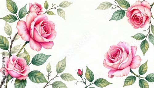 Delicate watercolor roses, intertwined leaves, soft pastel hues, summer, pretty