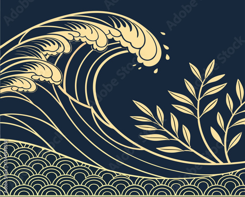 Luxury art deco background with gold minimalism wave and vector abstract modern and creative design. Water, wind, organic ornamental shapes, high-end Japanese-style patterns,